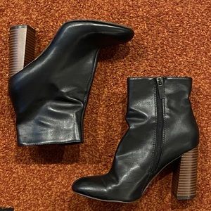 Black leather block heeled booties